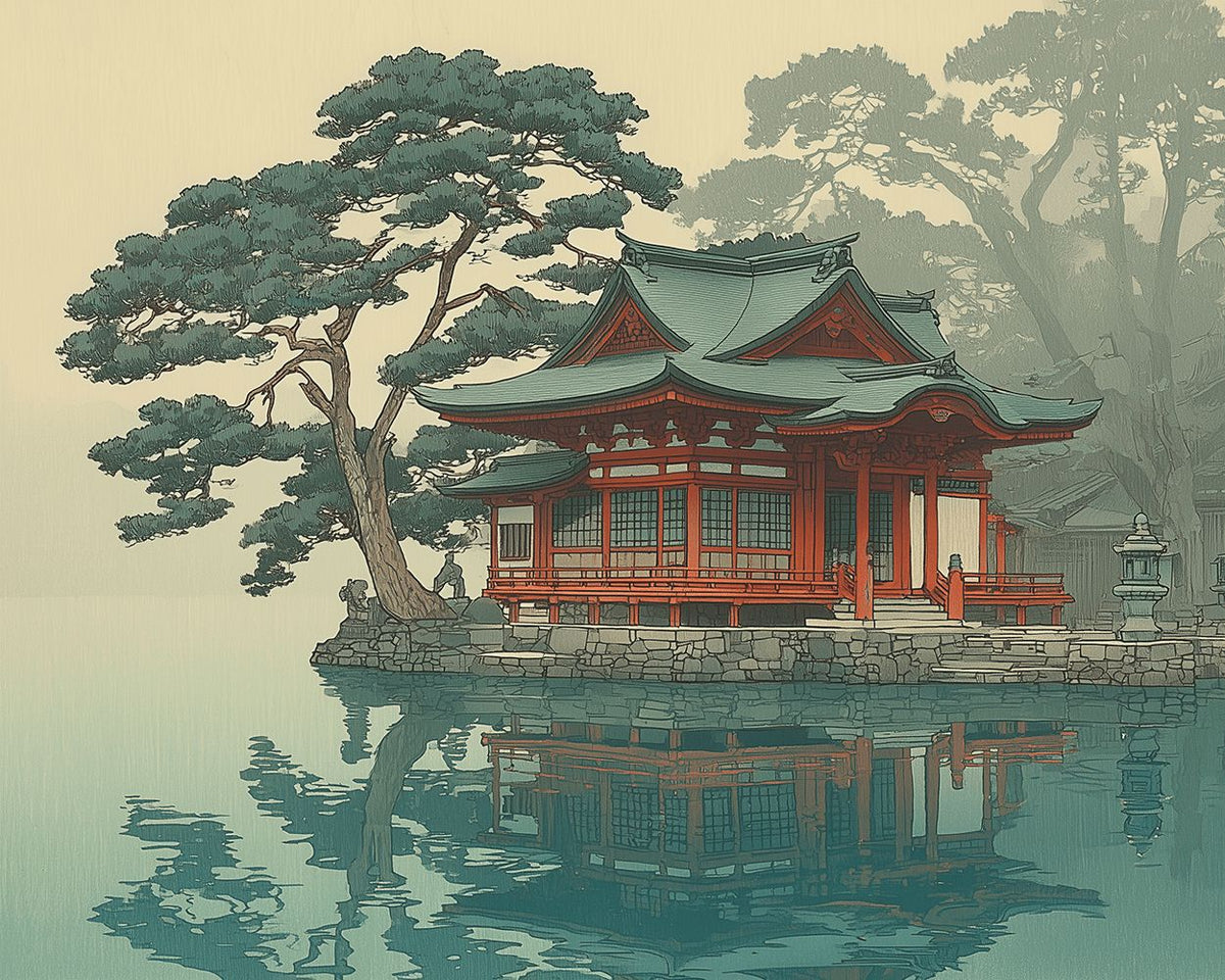 Serene lakeside shrine cross stitch kit for beginners