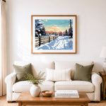 Finished serene winter country lane cross stitch artwork displayed as home decor