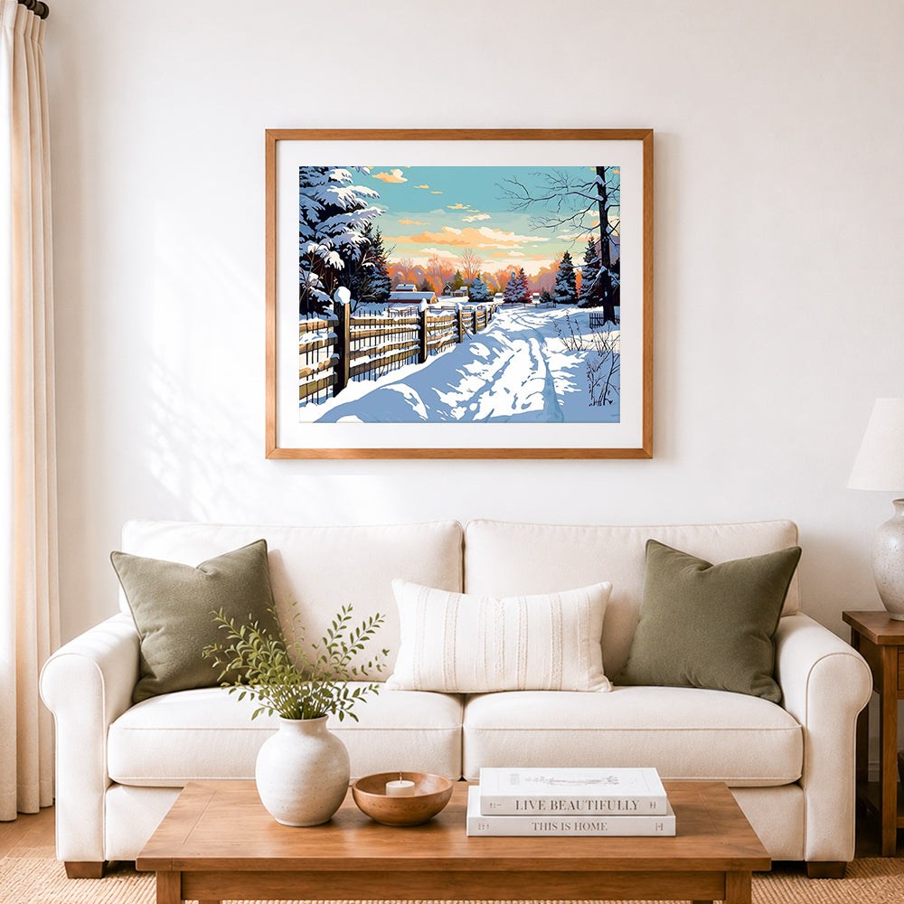 Finished serene winter country lane cross stitch artwork displayed as home decor