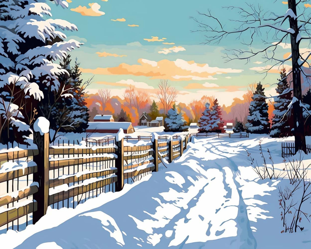 Serene winter country lane cross stitch kit for beginners