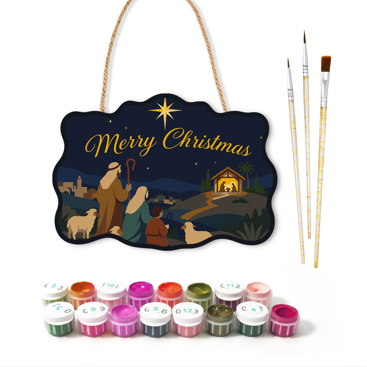 Shepherds witness the star paint by numbers door hanger with paints and brushes
