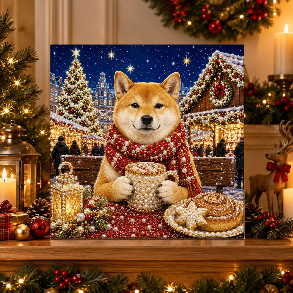 Finished shiba inu at christmas market pearl diamond painting artwork displayed as holiday home decor