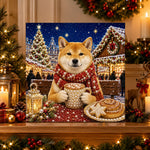 Finished shiba inu at christmas market pearl diamond painting artwork displayed as holiday home decor