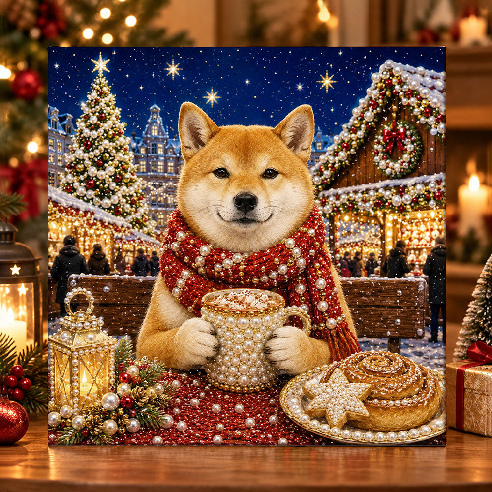 Shiba inu at christmas market pearl diamond painting kit for beginners