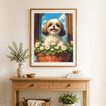 Finished shih tzu beside window blooms cross stitch artwork displayed as home decor