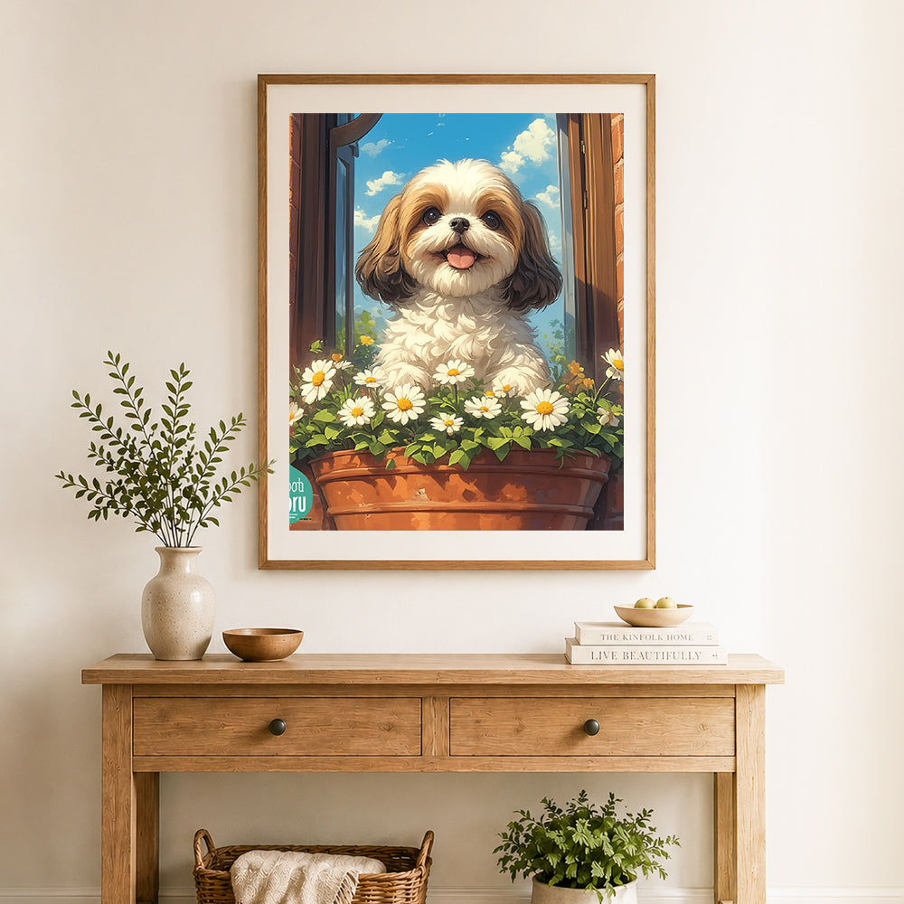 Finished shih tzu beside window blooms cross stitch artwork displayed as home decor