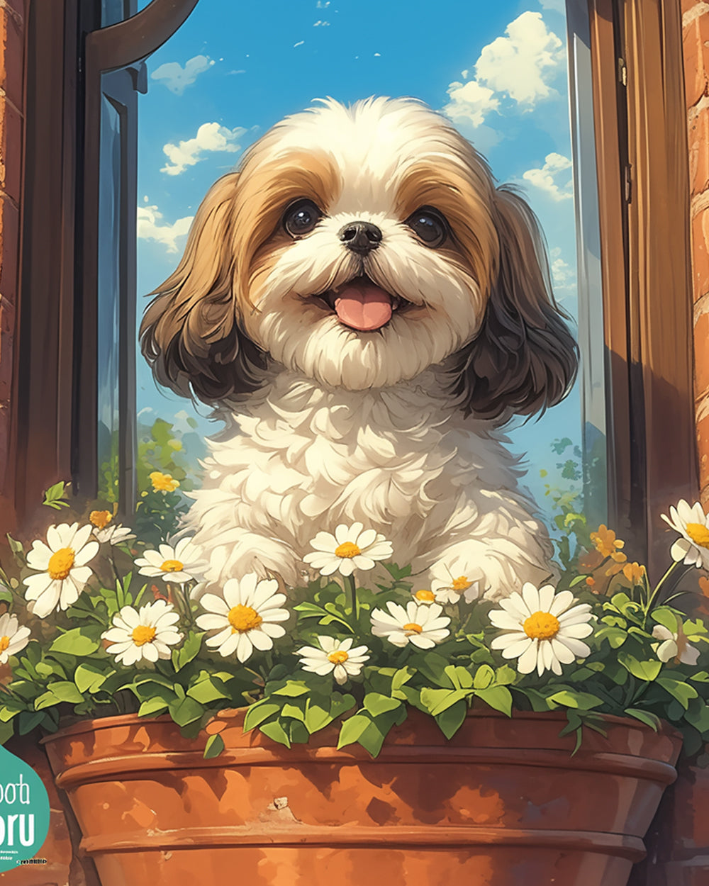 Shih tzu beside window blooms cross stitch kit for beginners
