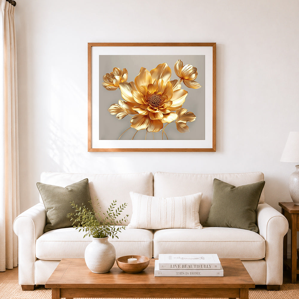 Finished shimmering golden floral cross stitch artwork displayed as home decor