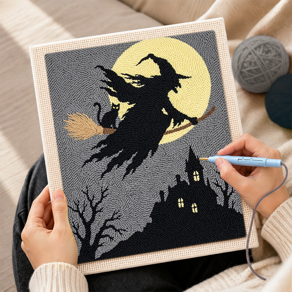 Creating handmade silhouette witch flying punch needle artwork