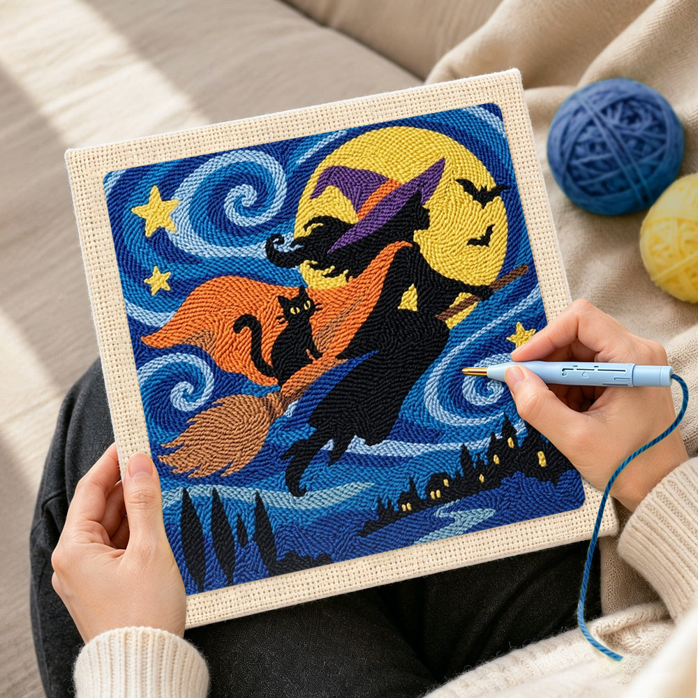 Creating handmade silhouette witch night flight punch needle artwork