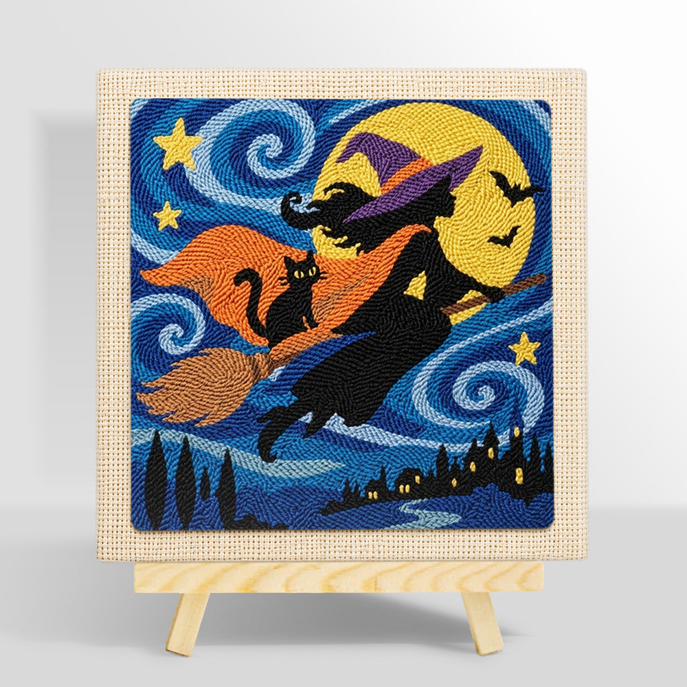 Silhouette witch night flight punch needle kit for beginners