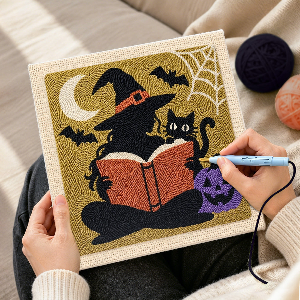 Creating handmade silhouette witch reading book punch needle artwork