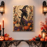Finished silhouette witch with broomstick pearl diamond painting artwork displayed as holiday home decor