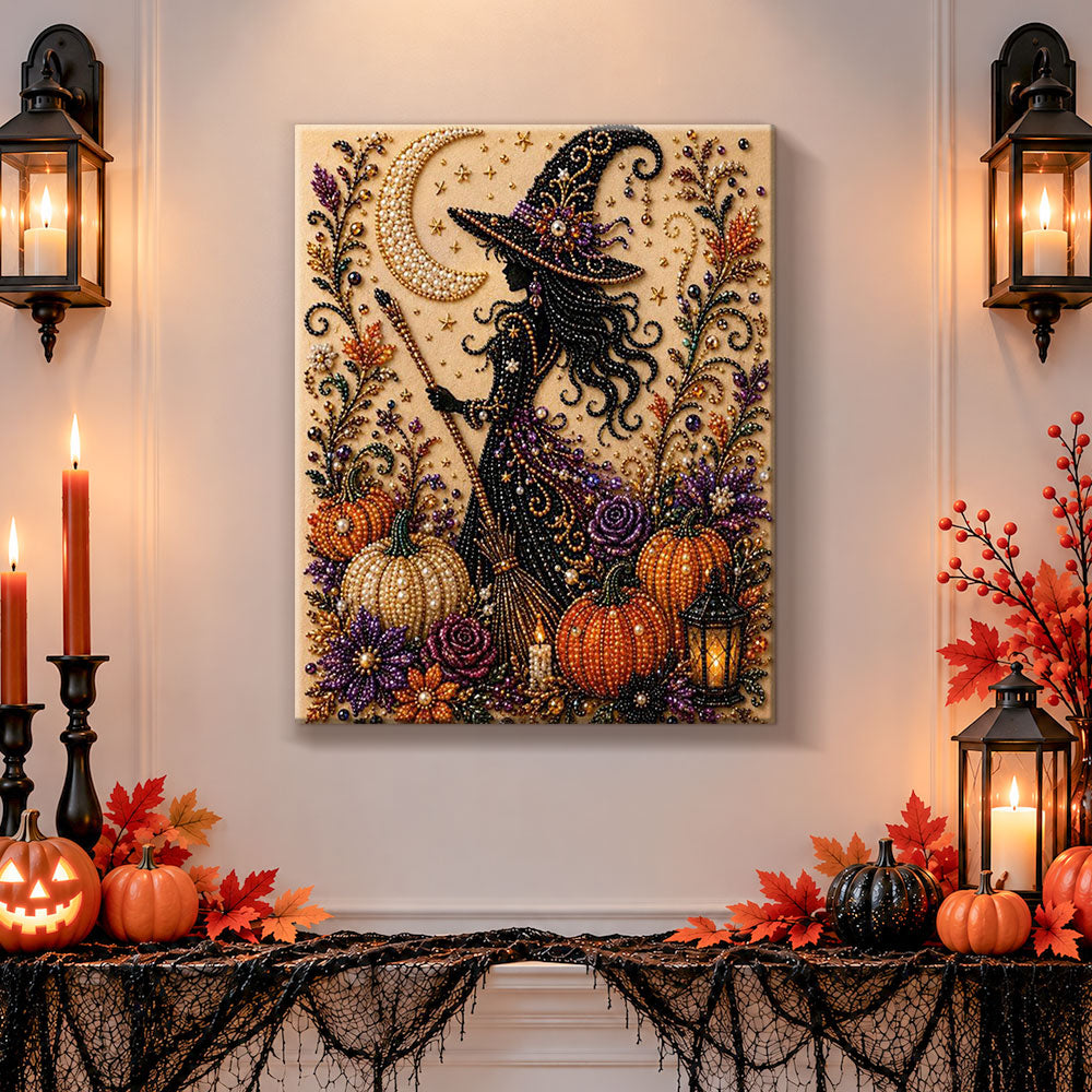 Finished silhouette witch with broomstick pearl diamond painting artwork displayed as holiday home decor