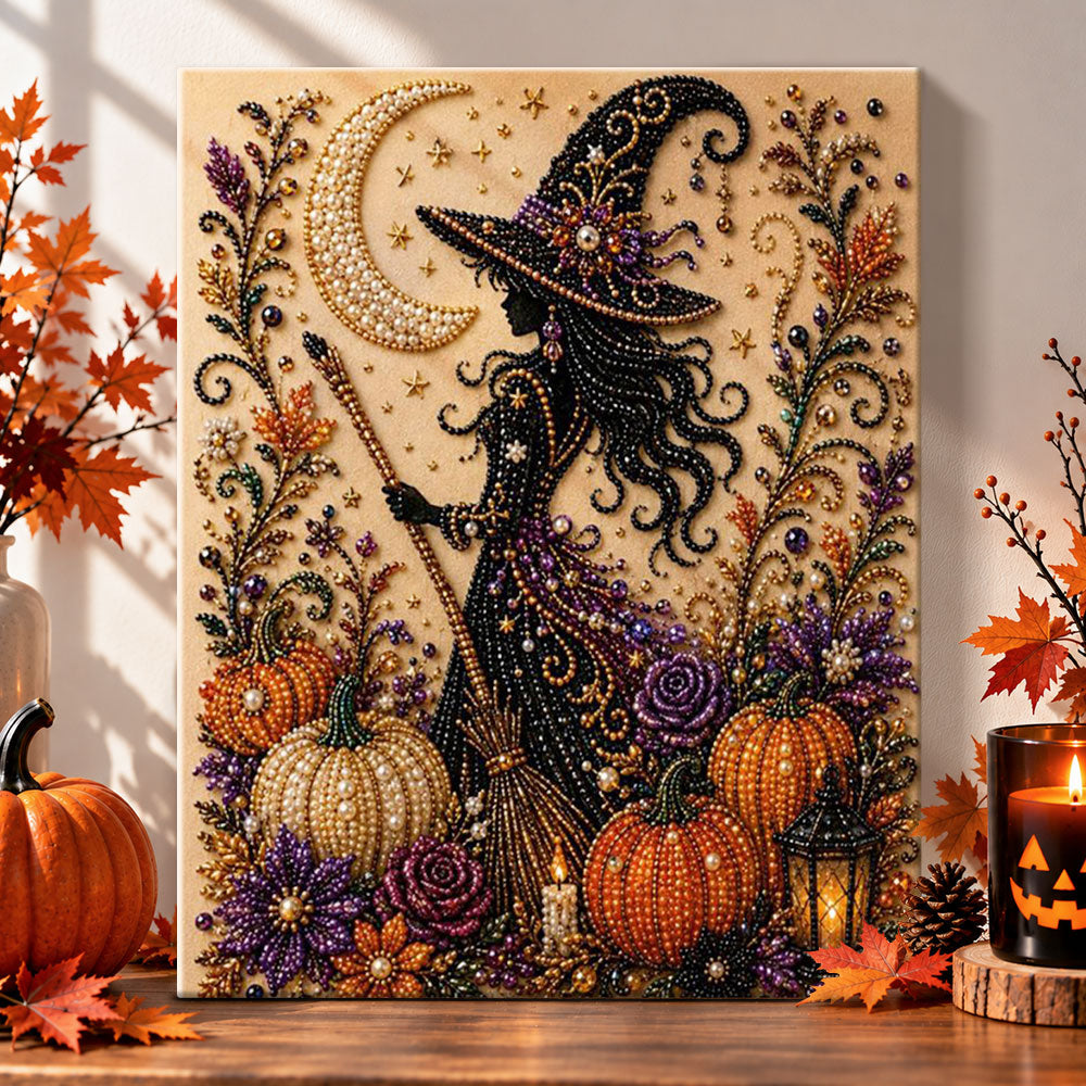 Silhouette witch with broomstick pearl diamond painting kit for beginners