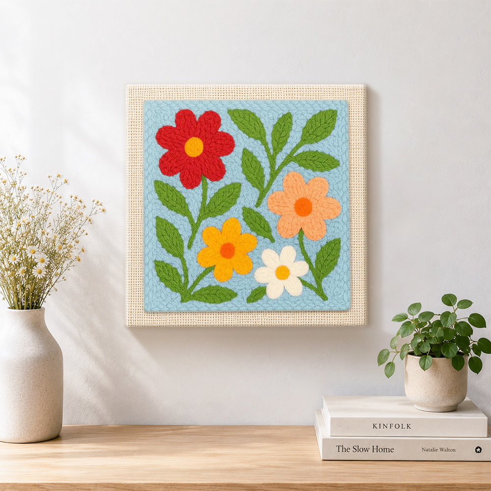 Finished simple and colorful wildflowers artwork displayed on a wall