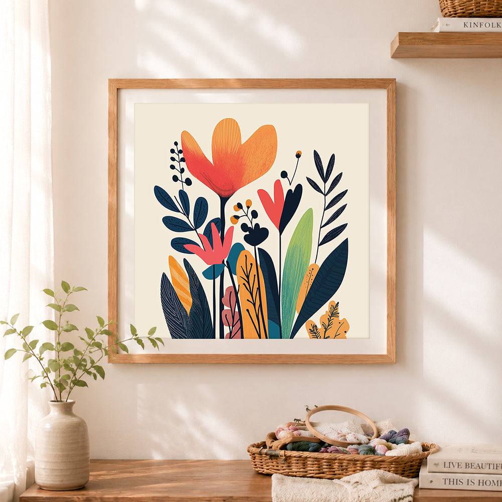 Finished simple plants cross stitch artwork displayed as home decor