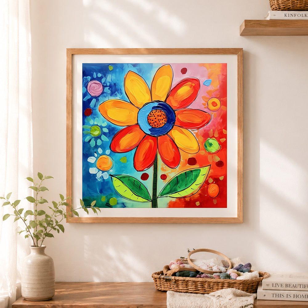 Finished single giant flower cross stitch artwork displayed as home decor