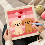 Creating handmade sitting puppies and romantic hearts punch needle artwork