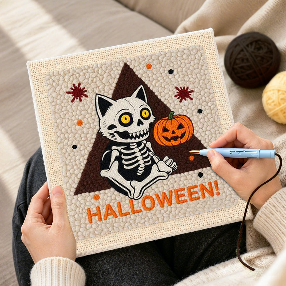 Creating handmade sitting skeleton cat punch needle artwork