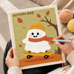 Creating handmade skateboarding autumn ghost punch needle artwork
