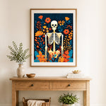 Finished skeleton among wildflowers cross stitch artwork displayed as home decor
