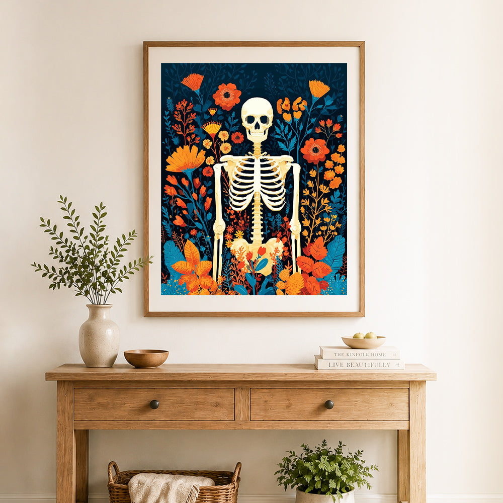 Finished skeleton among wildflowers cross stitch artwork displayed as home decor