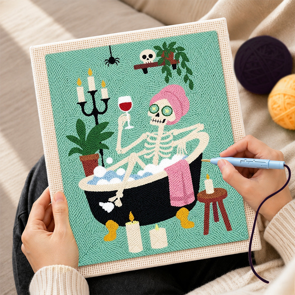 Creating handmade skeleton bathing with wine punch needle artwork