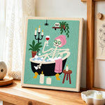 Skeleton bathing with wine punch needle artwork displayed on a table