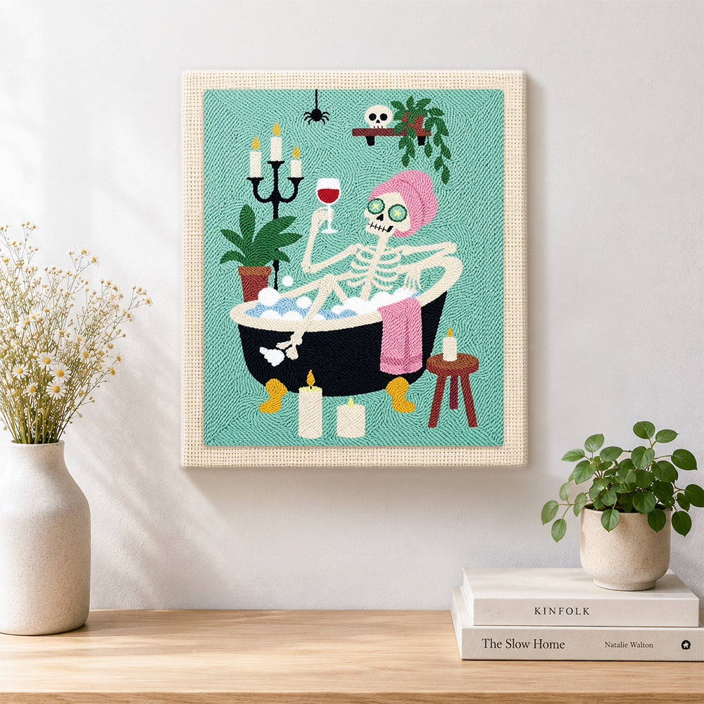 Finished skeleton bathing with wine artwork displayed on a wall