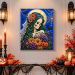 Finished skeleton bride with moon halo pearl diamond painting artwork displayed as holiday home decor
