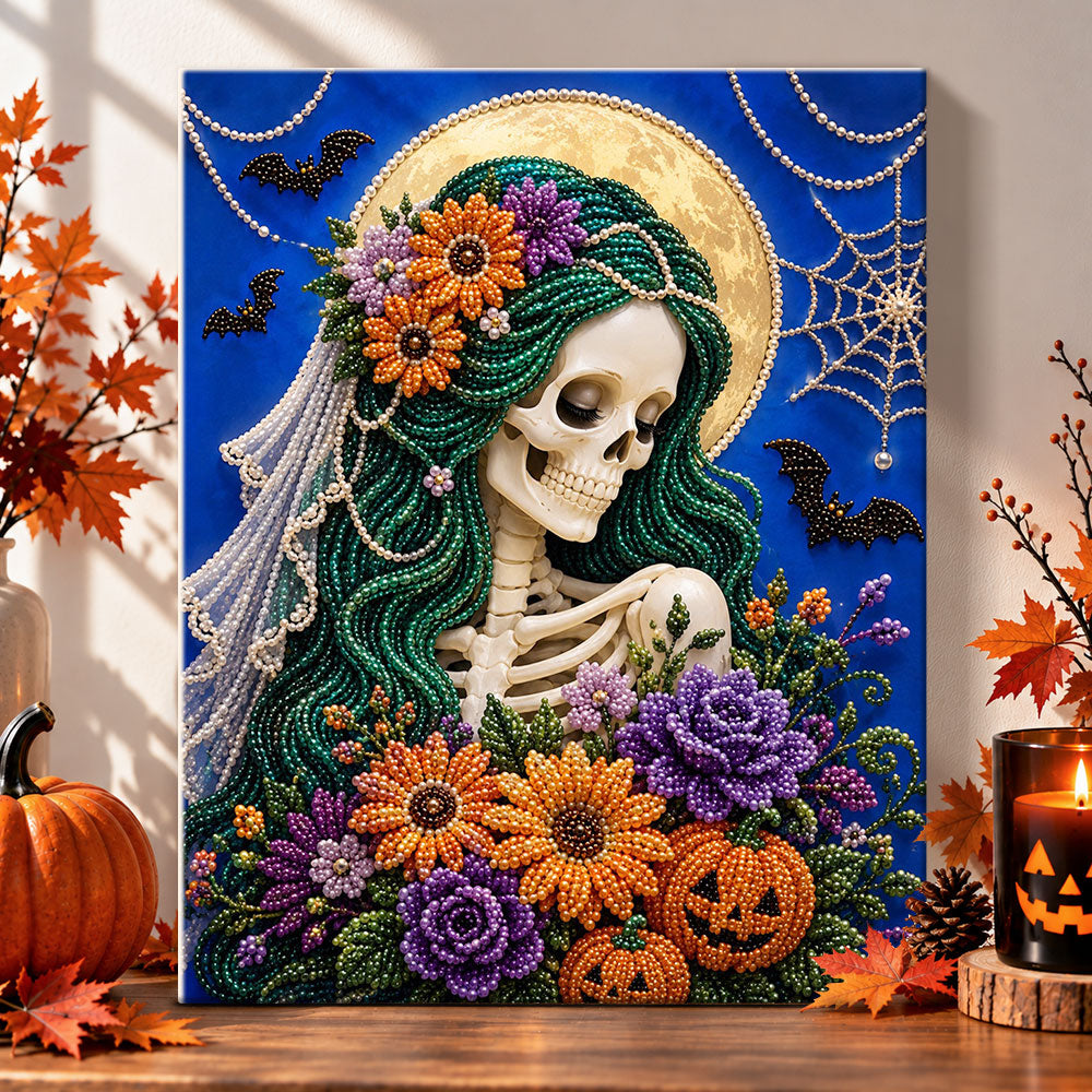 Skeleton bride with moon halo pearl diamond painting kit for beginners