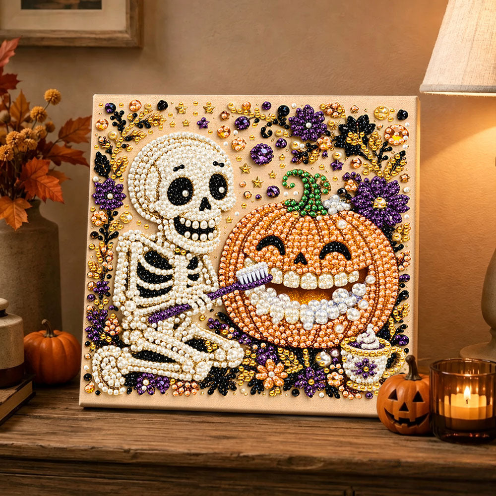 Finished skeleton brushing teeth for pumpkin pearl diamond painting artwork displayed as holiday home decor
