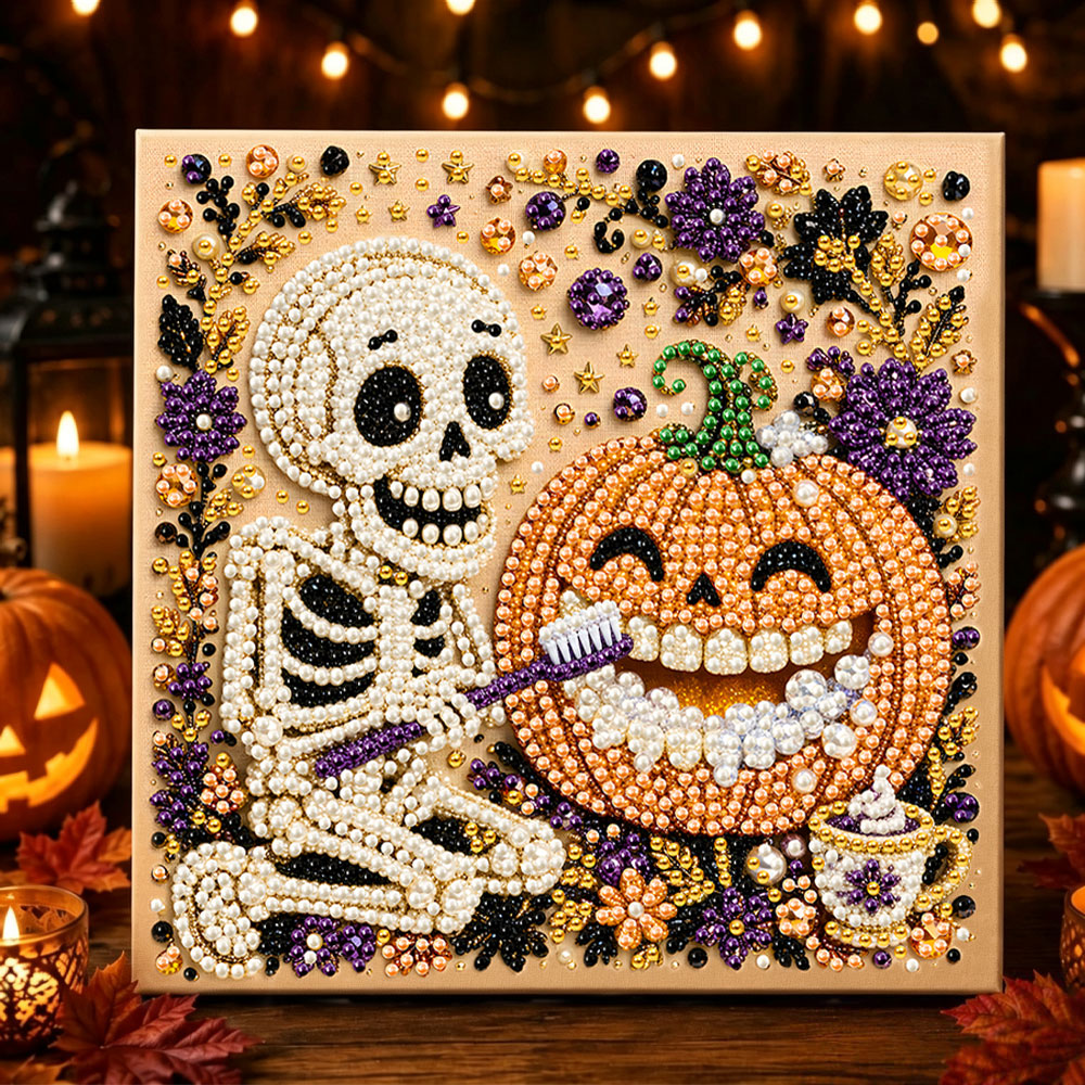 Skeleton brushing teeth for pumpkin pearl diamond painting kit for beginners