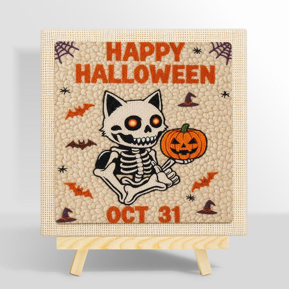 Skeleton cat and pumpkin punch needle kit for beginners
