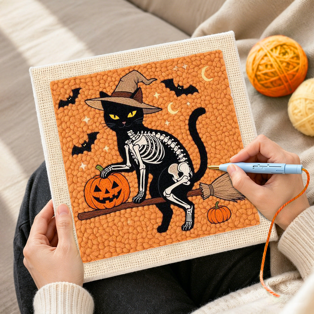Creating handmade skeleton cat on broomstick punch needle artwork
