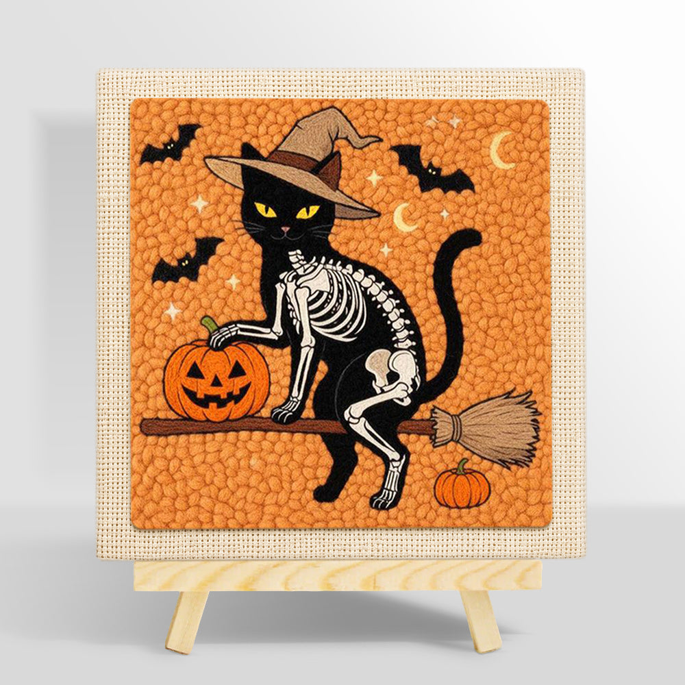Skeleton cat on broomstick punch needle kit for beginners