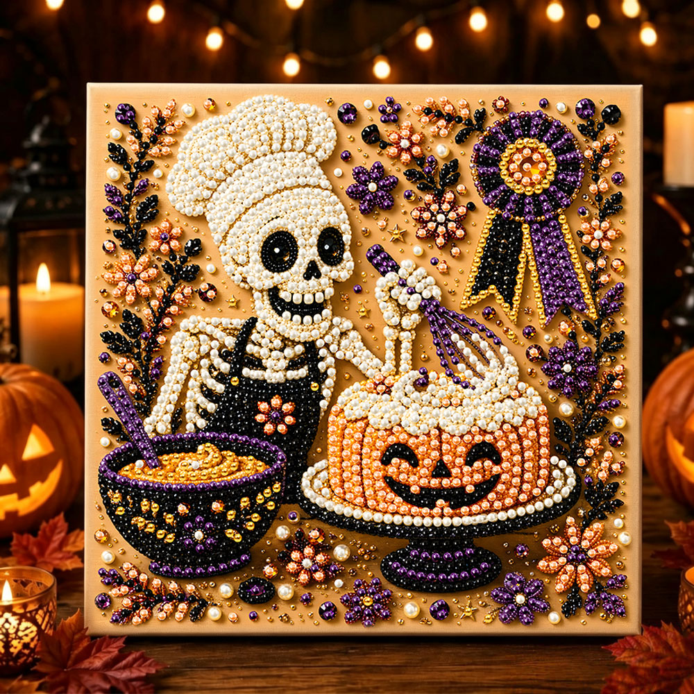 Skeleton chef and pumpkin cake pearl diamond painting kit for beginners