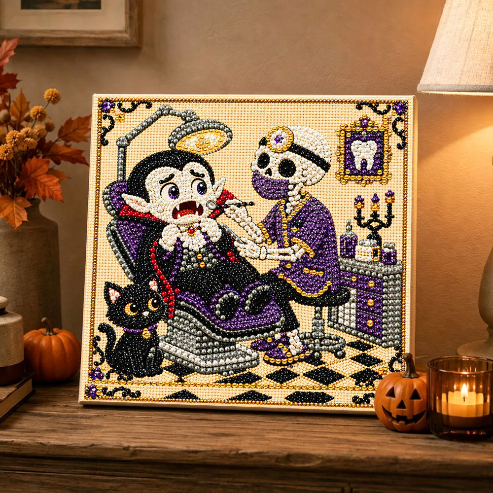Finished skeleton dentist treating vampire pearl diamond painting artwork displayed as holiday home decor