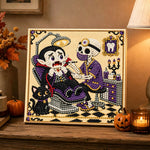 Finished skeleton dentist treating vampire pearl diamond painting artwork displayed as holiday home decor