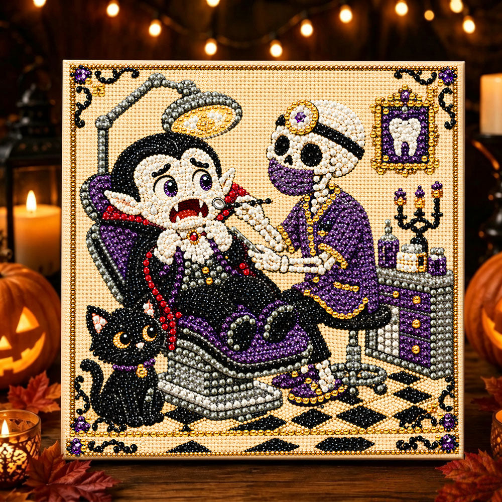 Skeleton dentist treating vampire pearl diamond painting kit for beginners