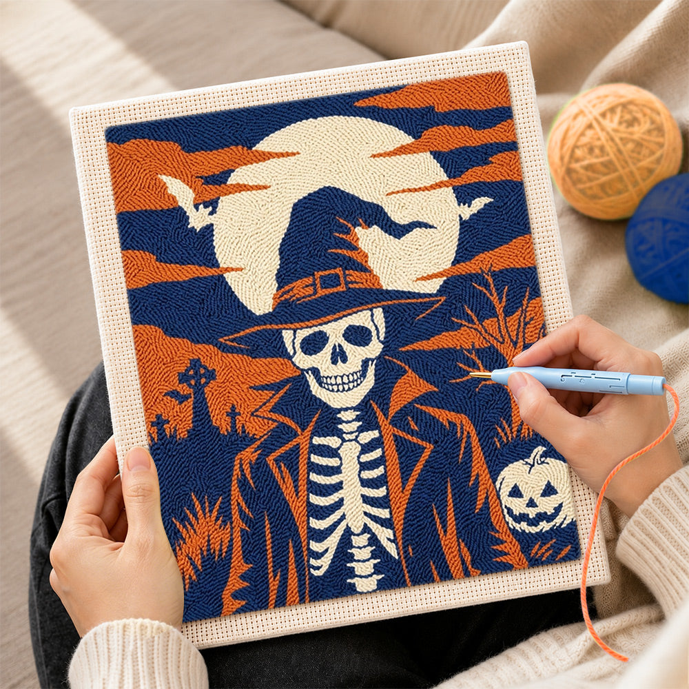 Creating handmade skeleton gentleman in graveyard punch needle artwork