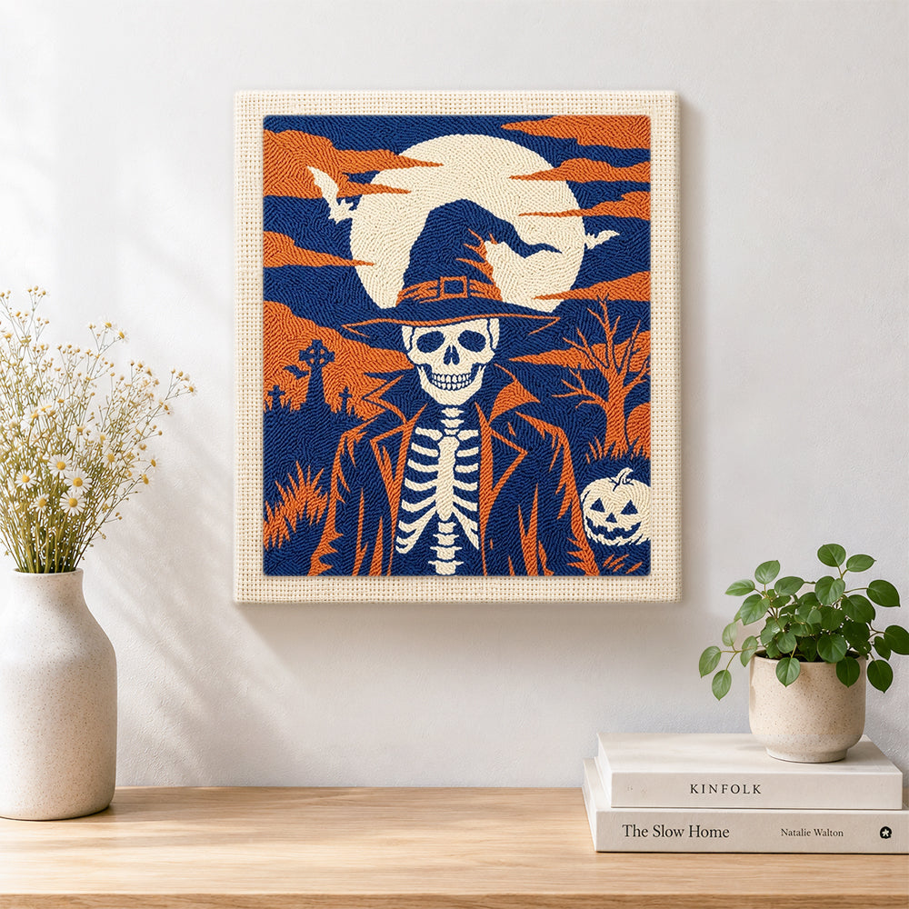 Finished skeleton gentleman in graveyard artwork displayed on a wall