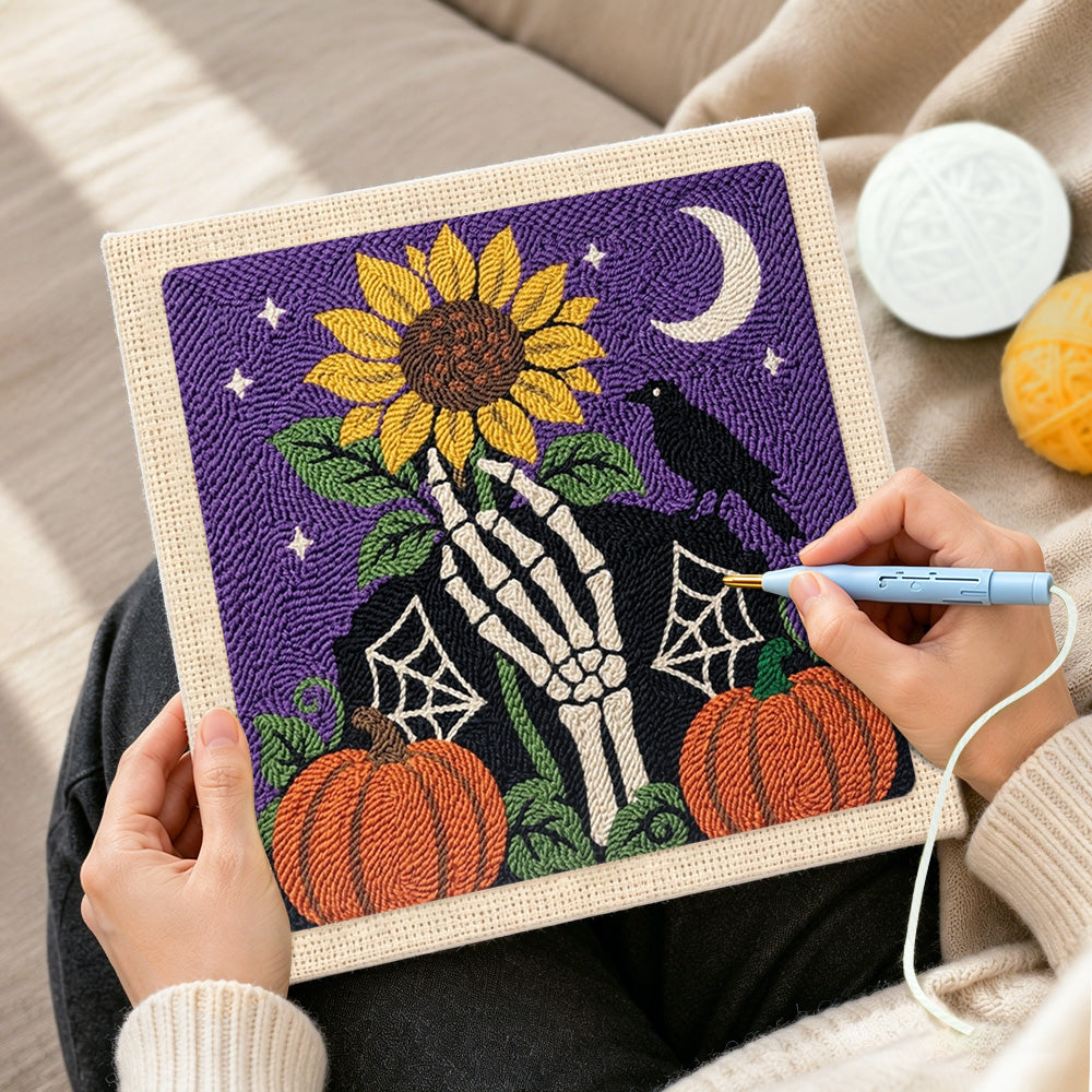 Creating handmade skeleton hand sunflower halloween scene punch needle artwork
