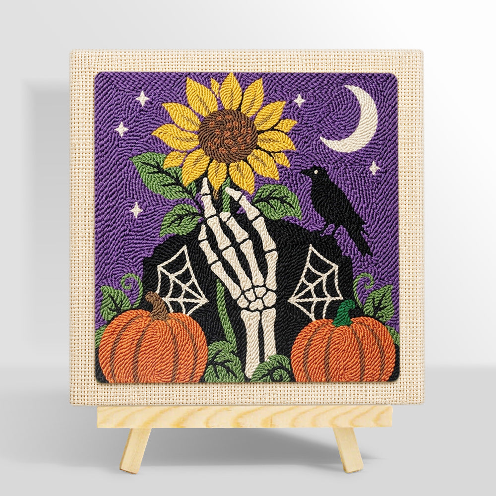 Skeleton hand sunflower halloween scene punch needle kit for beginners