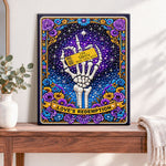 Finished skeleton hand tribute pearl diamond painting artwork displayed as home decor