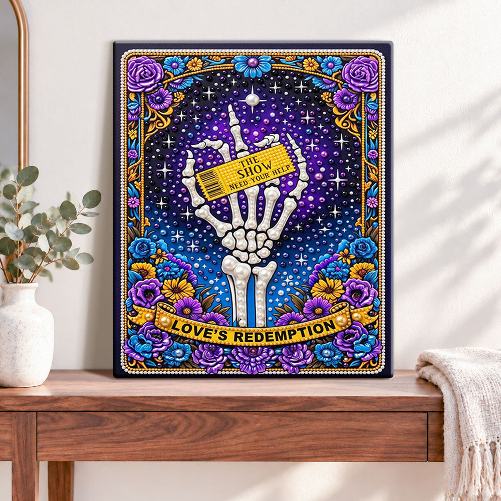 Finished skeleton hand tribute pearl diamond painting artwork displayed as home decor