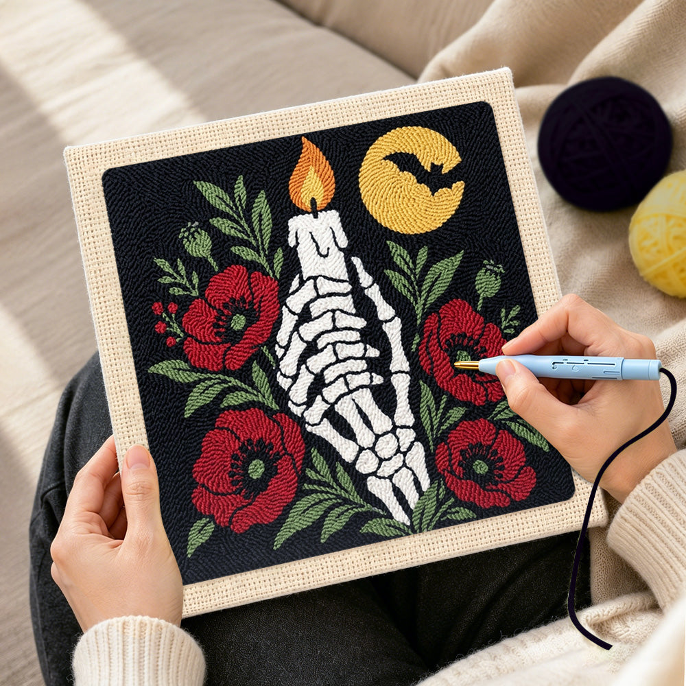 Creating handmade skeleton hand with candle punch needle artwork