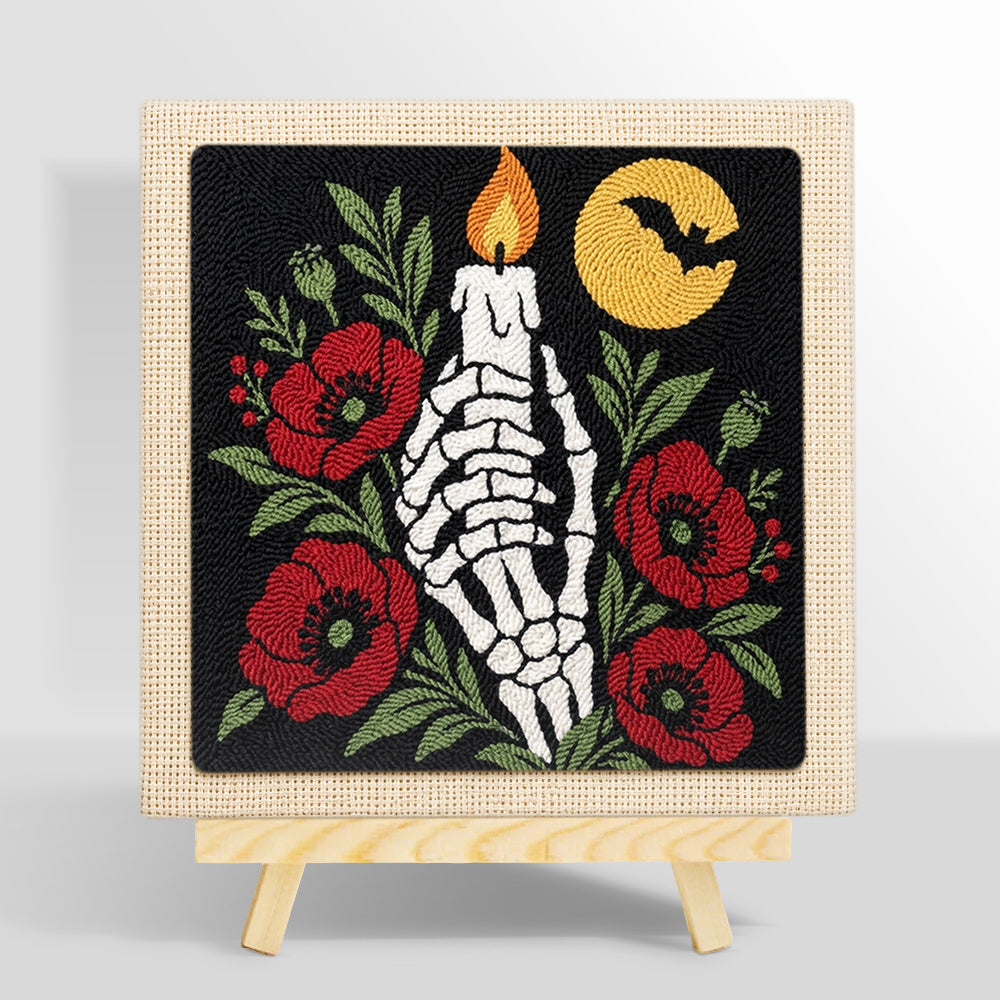 Skeleton hand with candle punch needle kit for beginners