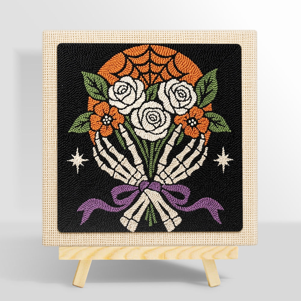 Skeleton hands holding roses punch needle kit for beginners